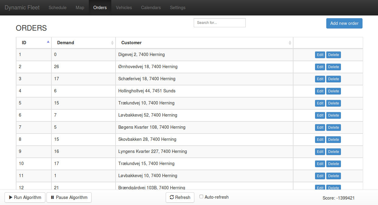 Screenshot of Dynamic Fleet - order list