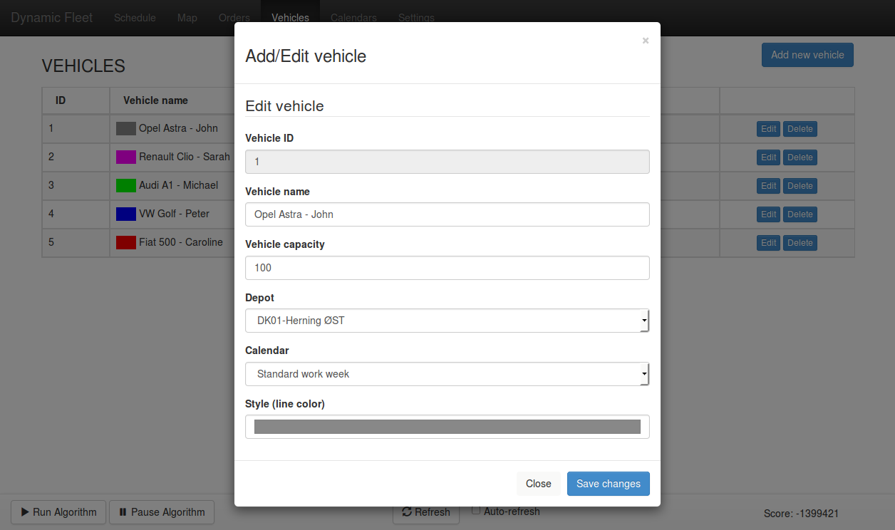 Screenshot of Dynamic Fleet - vehicle list